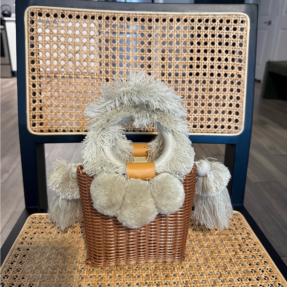 Woven Mini Bag with Beige Fringe & Pom Trim